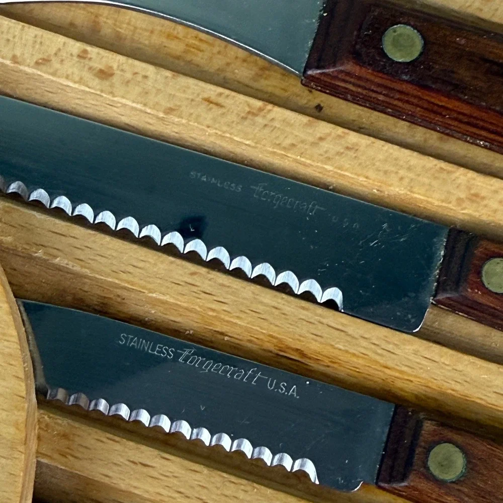 Forgecraft USA Vintage 6 Piece Cutlery Set Stainless Wood Handles Austria Block